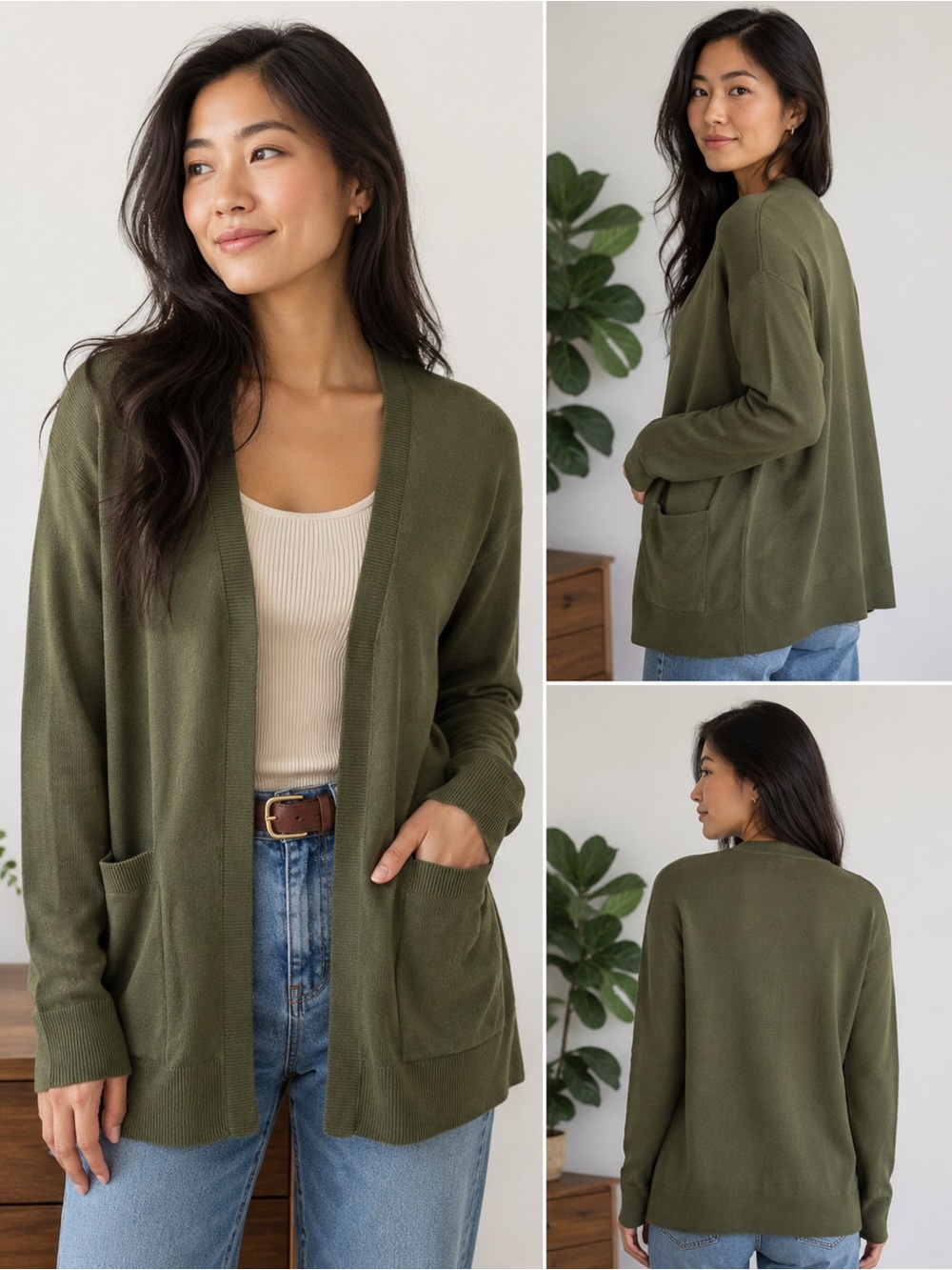 Eddie Bauer Olive Green Open Front Cardigan Sweater Women’s Size Small Pockets